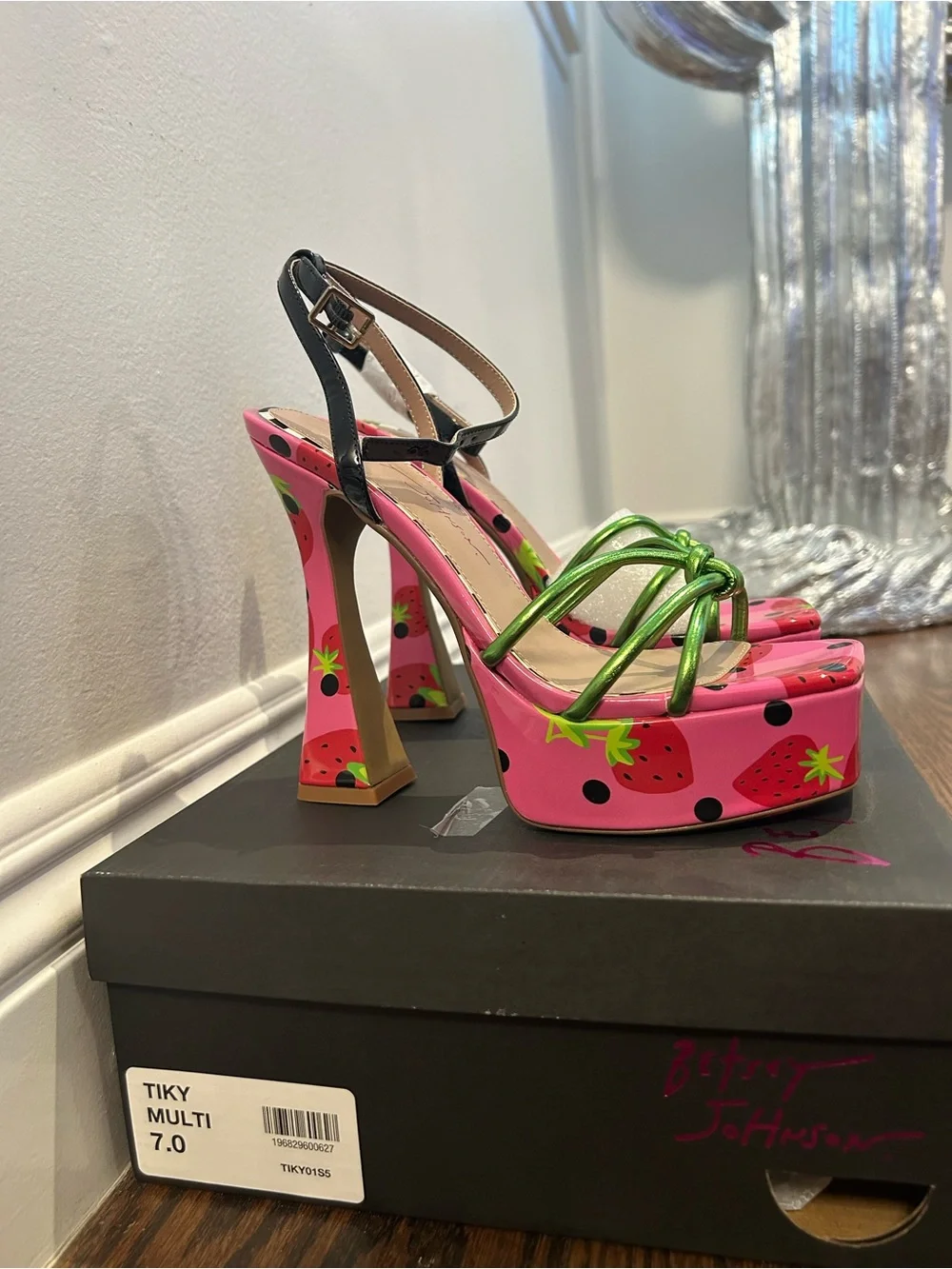 Betsey Johnson Pink Strawberry Platform Sandals with Metallic Green Knots